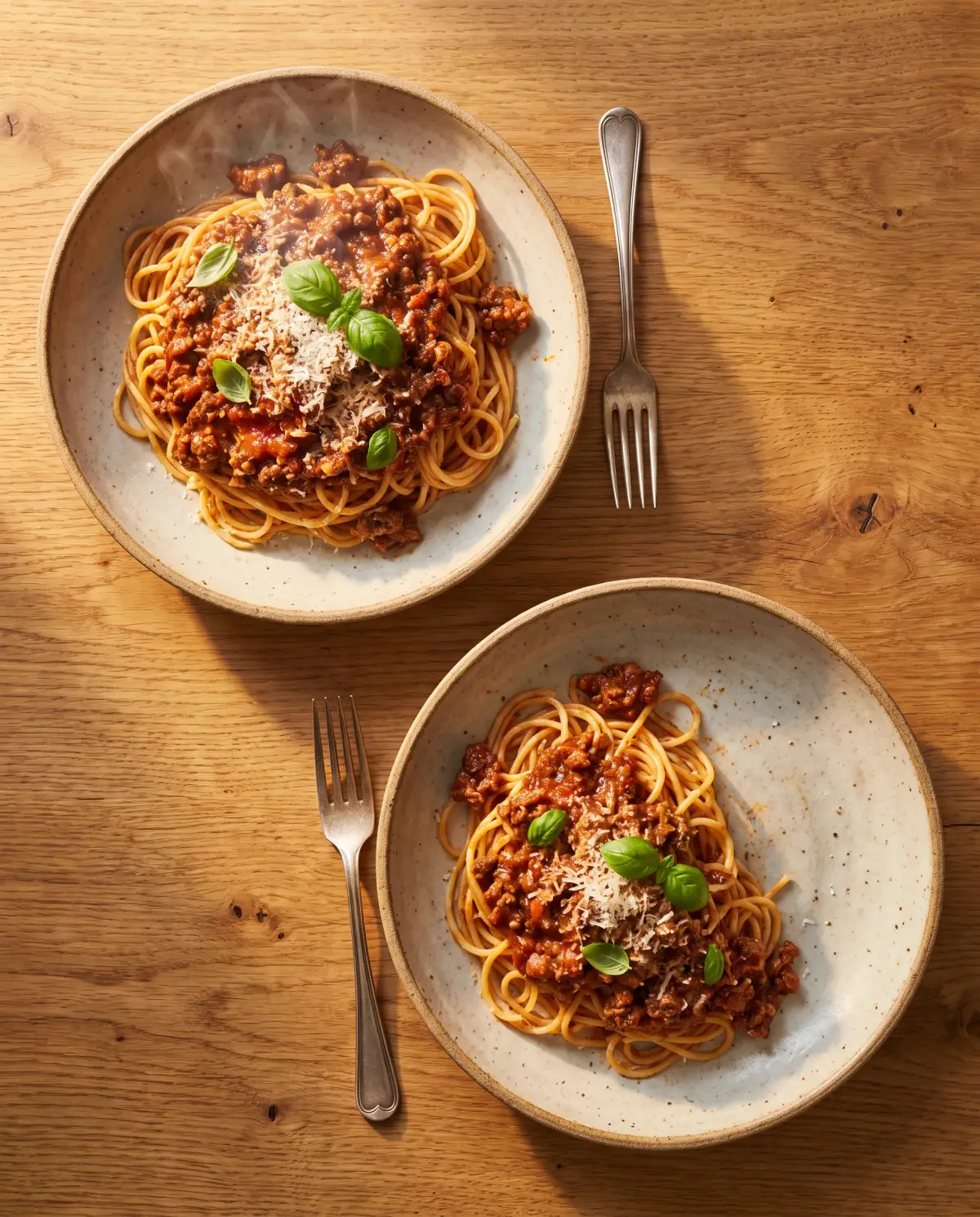 Overhead photo of two plates of spaghetti bolognese in warm light, one portion clearly larger than the other