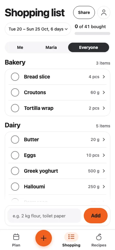 The shared Forkpals grocery list